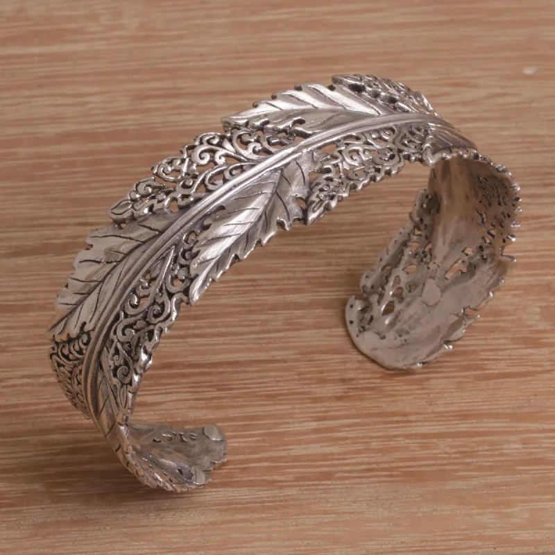 men’s watches with black bands-Flawless Leaves Leaf Motif Sterling Silver Cuff Bracelet from Bali