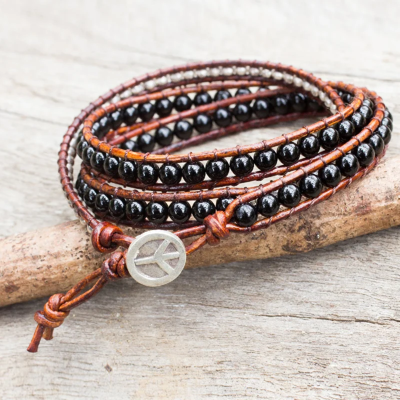 watches for women with blue dials-Hill Tribe Boheme Onyx Beads on Brown Leather Wrap Bracelet from Thailand