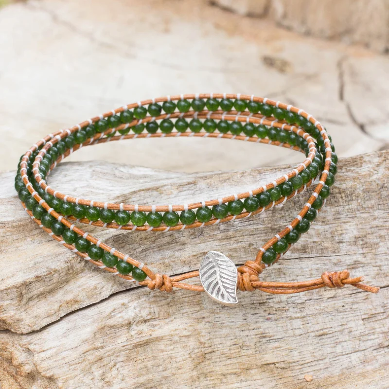 high-end women’s watches with diamonds-Hill Tribe Forest Handcrafted Thai Brown Leather Bracelet with Green Quartz