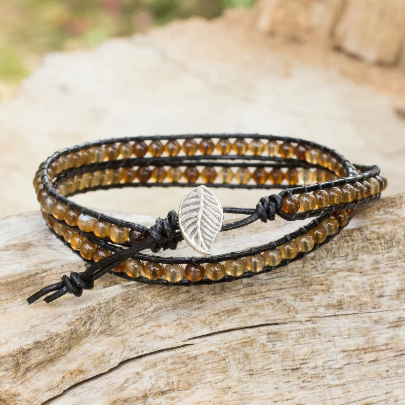 fitness tracking watches for men-Hill Tribe Sun Handcrafted Thai Black Leather Bracelet with Golden Agate