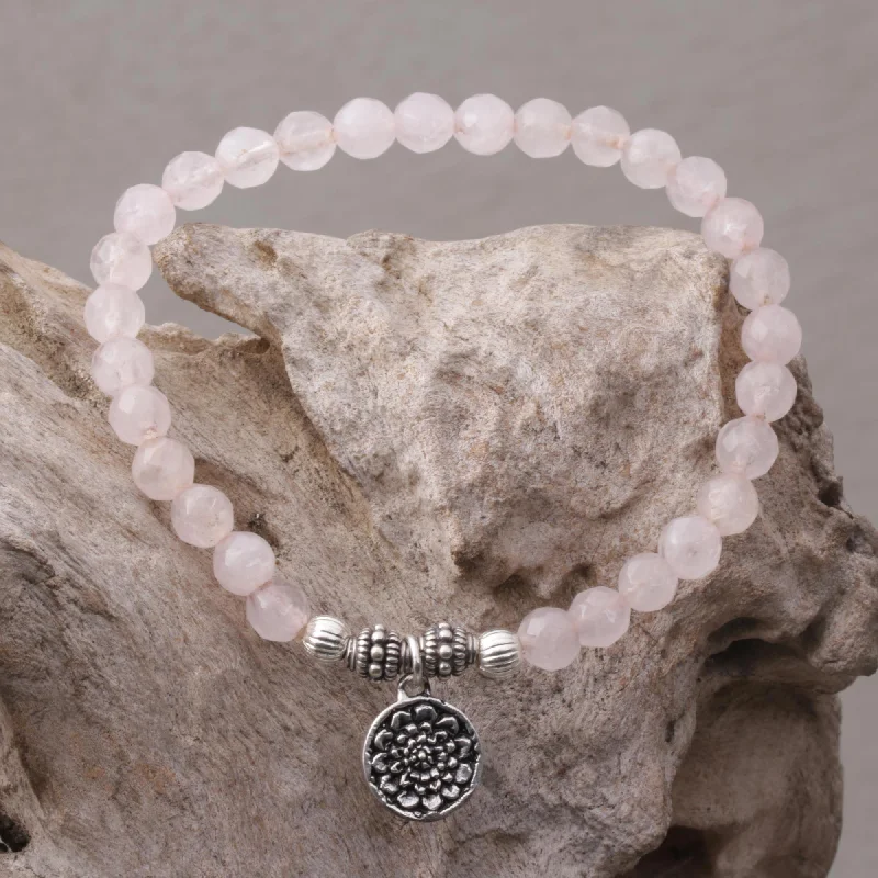 designer watches for men under 200-Lotus View Rose Quartz and Floral Charm Beaded Bracelet from Bali