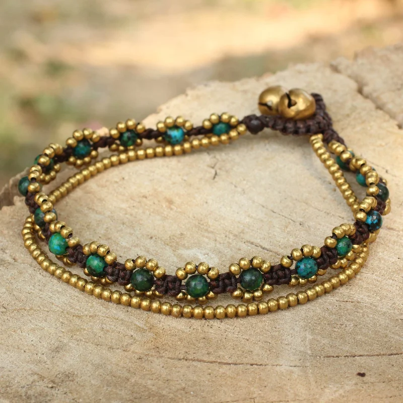 analog watches with date function-Serene Forest Hand Knotted Beaded Bracelet with Serpentine and Brass Bells