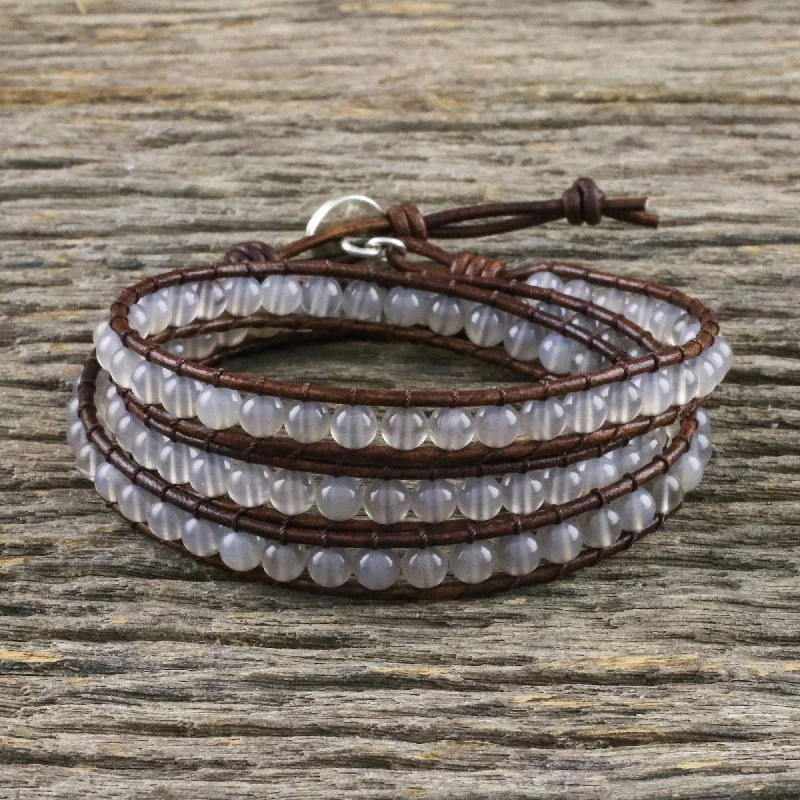 men’s watches with leather bands-Spring Fog Chalcedony and Leather Beaded Wrap Bracelet from Thailand