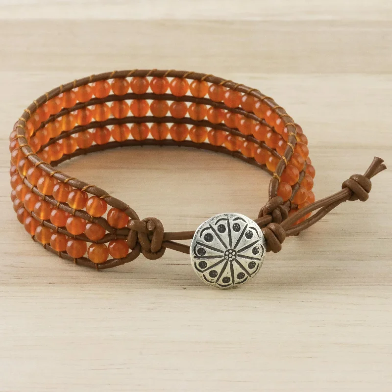 watches for women with stainless steel bands-Sunlit Dawn Carnelian Bead and Karen Silver Button Wristband Bracelet