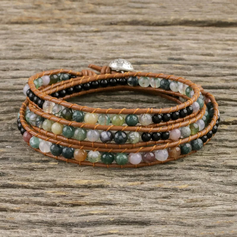 budget-friendly sports watches for men-Sunset Fields Moss Agate and Onyx Beaded Leather Cord Wrap Bracelet