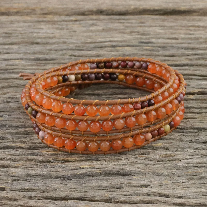 best diving watches for women-Terra Firma Swirl Carnelian and Jasper Beaded Leather Cord Wrap Bracelet