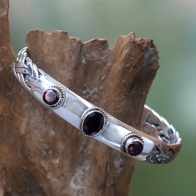 watches with intricate dials for men-Three Guardians Braided Sterling Silver Cuff Bracelet with Three Garnets