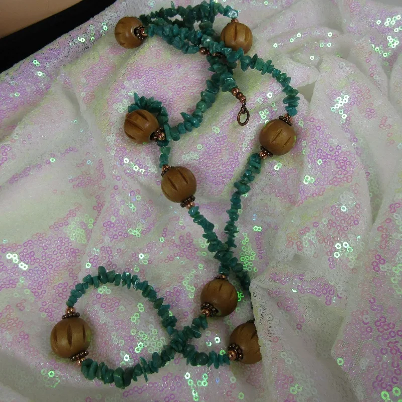 charm chain necklace for women-Copper Wood and Turquoise Long Bead Necklace