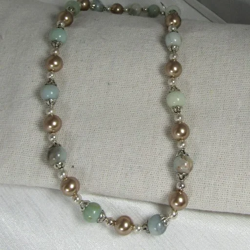 dainty gold necklace with crystal charm-Amazonite and Pearl Beaded Beaded Necklace