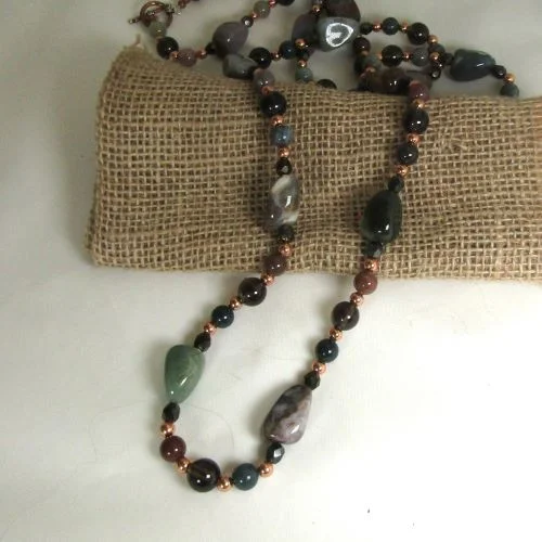 gold-filled necklace with pendant-Extra Long Necklace in Copper Jasper and Smokey Quartz