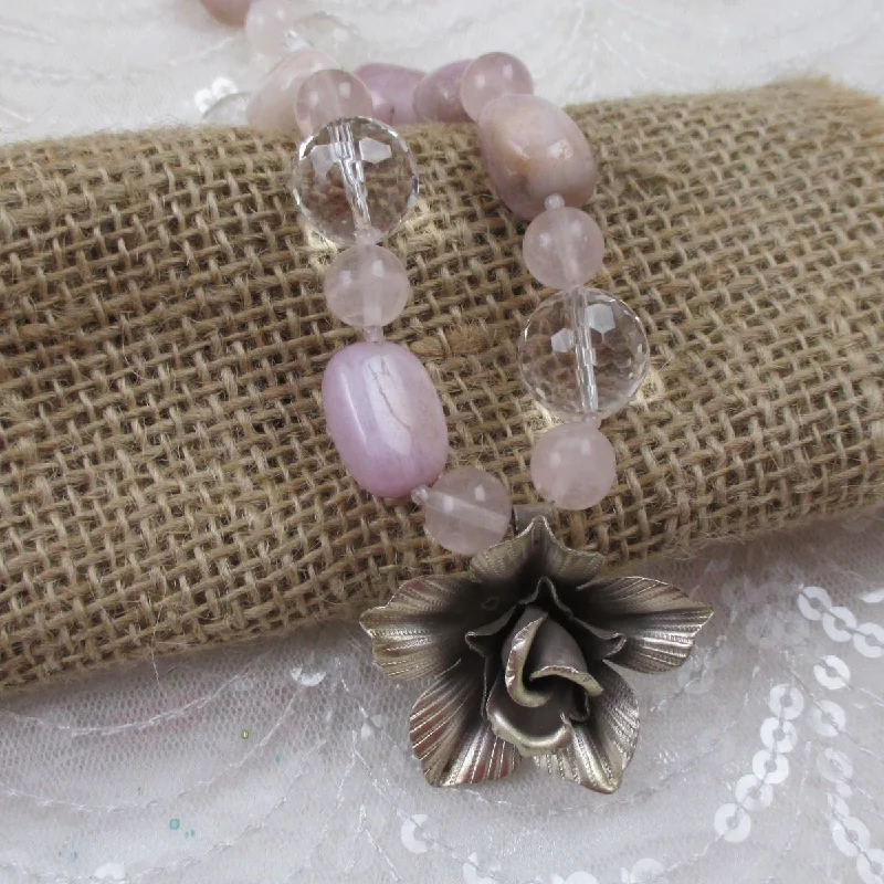 fashion statement necklace for party-Whimsical Jasmine Flower Pink  & Rock Crystal Gemstone Bead Necklace