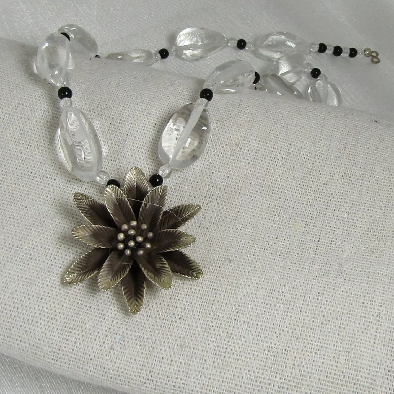 chunky gold chain necklace-Necklace in Clear Quartz  with Silver Flower Pendant