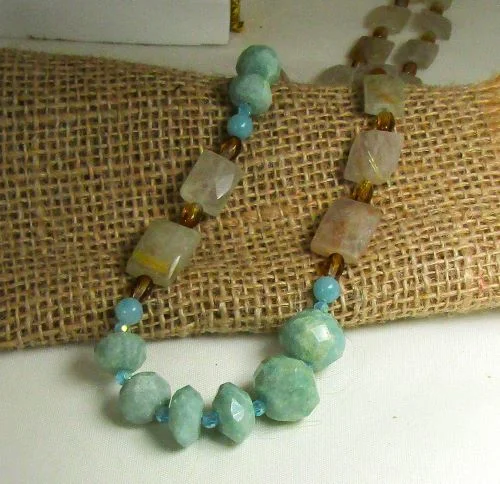 rose gold pendant necklace for casual wear-Blue Green Amazonite and Rutilated Quartz Bead Necklace