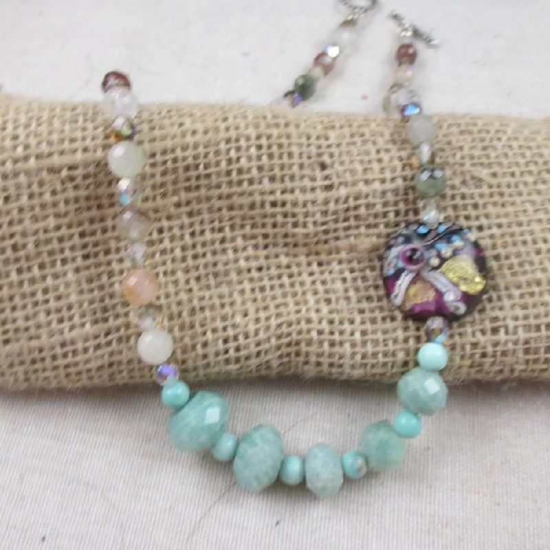 lucky charm necklace for her-Amazonite Gemstone  Quartz & Artisan Bead Necklace