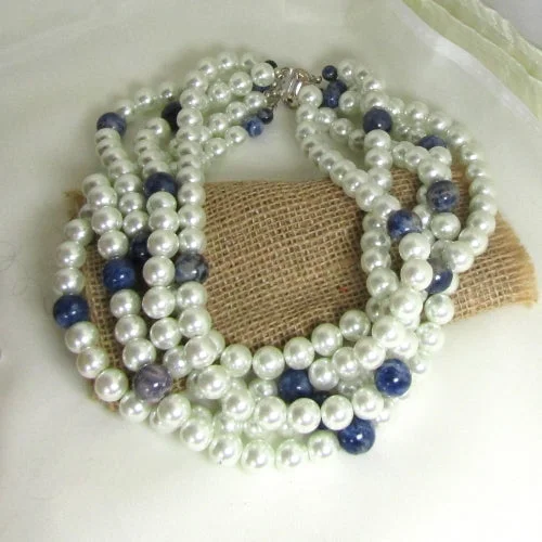 luxury necklace with diamonds-Statement Pearl Necklace 5 Strands