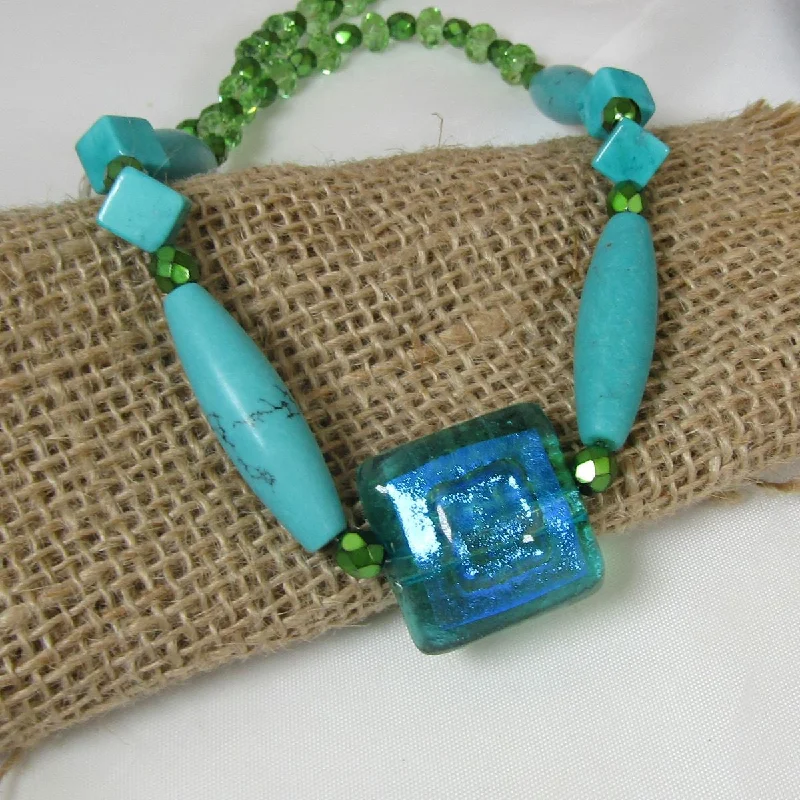 small gemstone necklace for teens-Turquoise & Fusion Glass Artisan Beaded Necklace