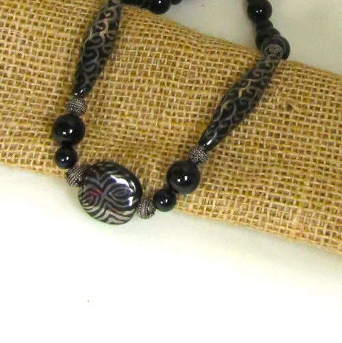 silver necklace for party wear-Onyx & Black and Platinum African Kazuri Bead Necklace