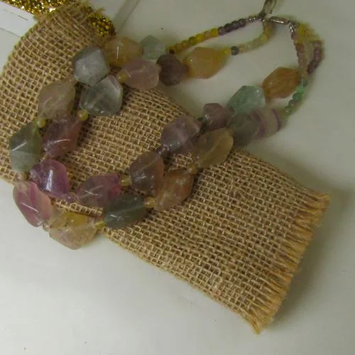 chic statement necklace for party-Big Bold Fluorite Nugget Necklace Double Strand