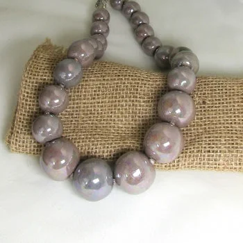 moon and star necklace-Classic Grey Necklace in Big Handmade  Kazuri  Beads