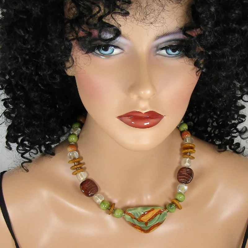 crystal pendant necklace-Handmade Chunky Kazuri Necklace Green & Brown Kazuri Beads