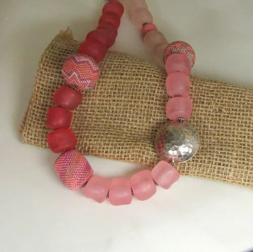 elegant infinity pendant necklace-Big Bold Pink Necklace with Exotic Handmade Seed Bead Accents