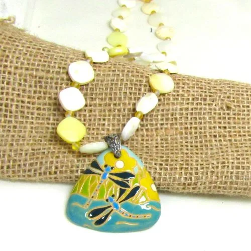 luxury custom pendant necklace for wedding-Big Bold Necklace in African Opal with Hand Painted Dragonfly Pendant