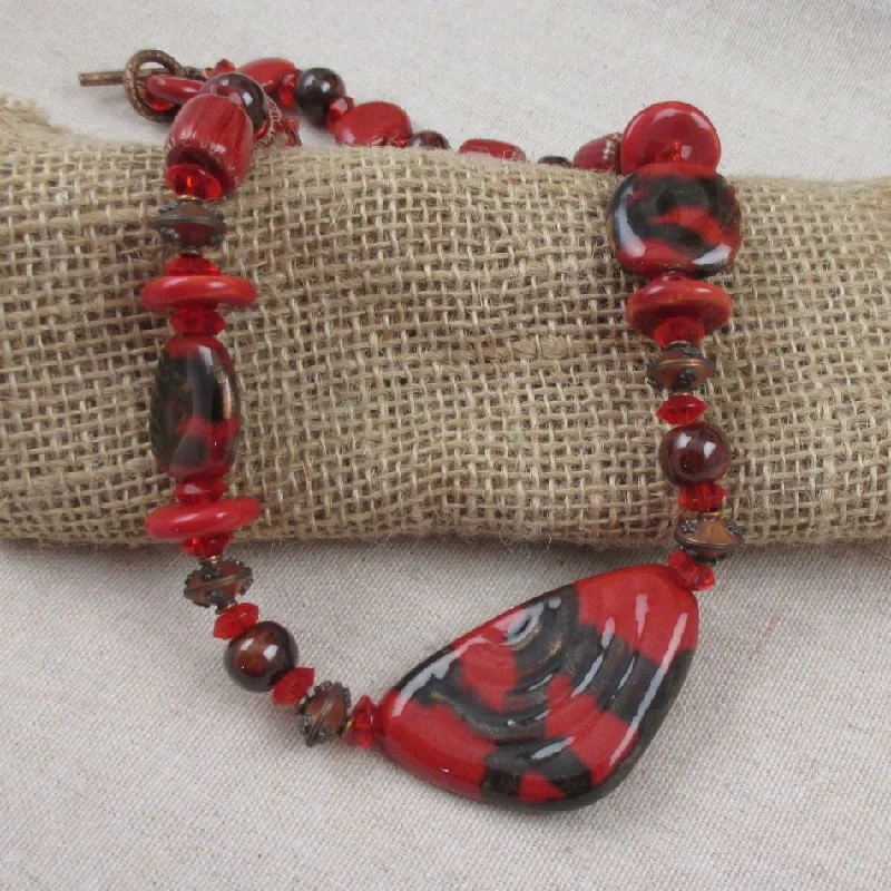 unique gemstone pendant for men-Handmade Necklace Red Kazuri Beads with Copper Accents