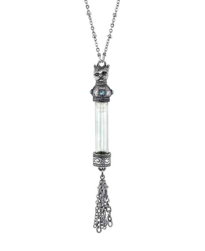 personalized silver necklace with nameplate-1928 Jewelry Antiqued Cat Light Blue Crystal Vial Glass Tassel Necklace 30"