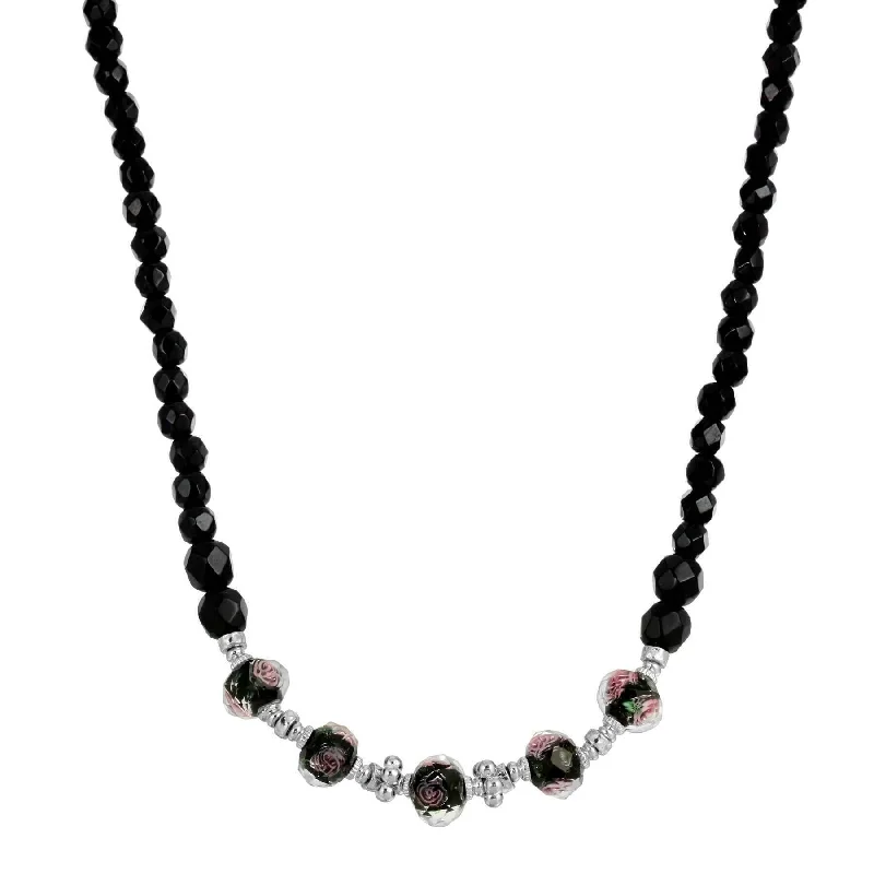 trendy pearl necklace for women-1928 Jewelry Black Floral Beaded Necklace 15" + 3" Extender