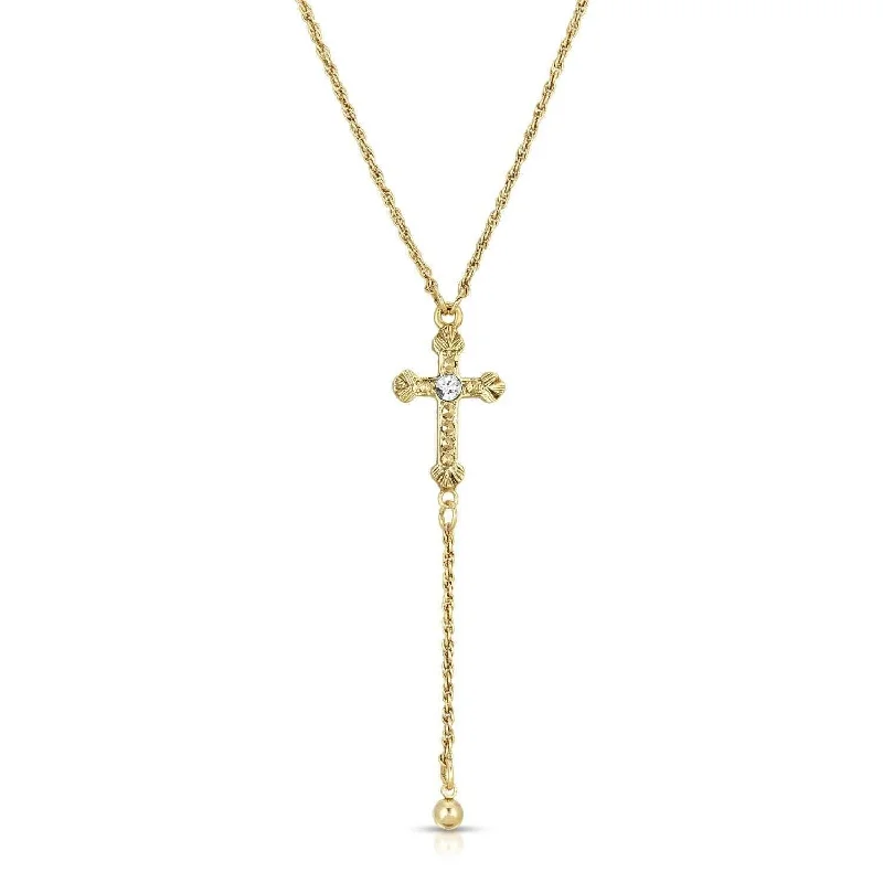 floral pendant necklace for women-1928 Jewelry Gold Cross Round Clear Crystal Y-Necklace 15" + 3" Extender