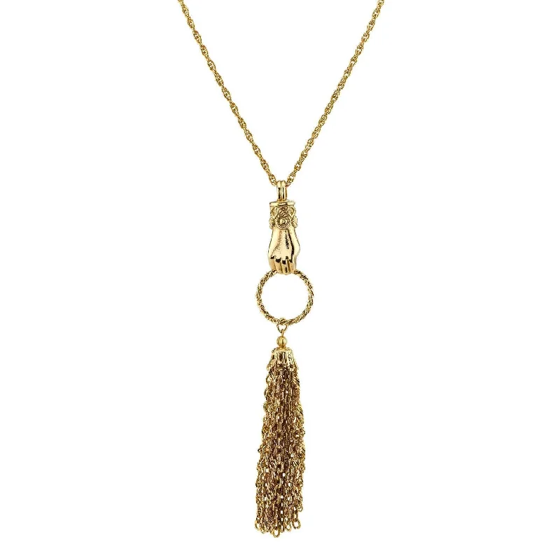 simple silver chain necklace-1928 Jewelry Gold Hand And Tassel Necklace 30"