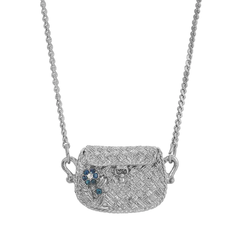 luxury silver necklace for women-1928 Jewelry Montana Blue Crystal Flower Purse Locket Necklace 32"