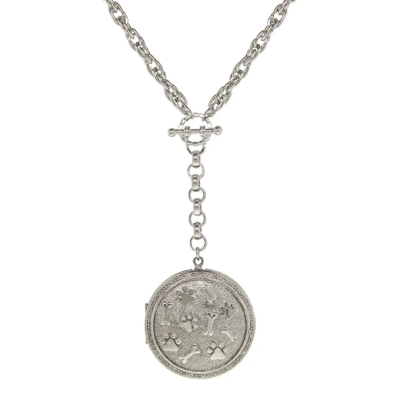 silver pendant necklace-1928 Jewelry Pewter Round Heart Paws And Bones Drop Locket Necklace 28"