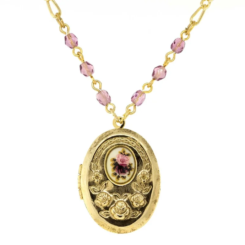 silver pendant with birthstone-1928 Jewelry Manor House Pink And Purple Flower Beaded Locket Necklace 18" + 3" Extender