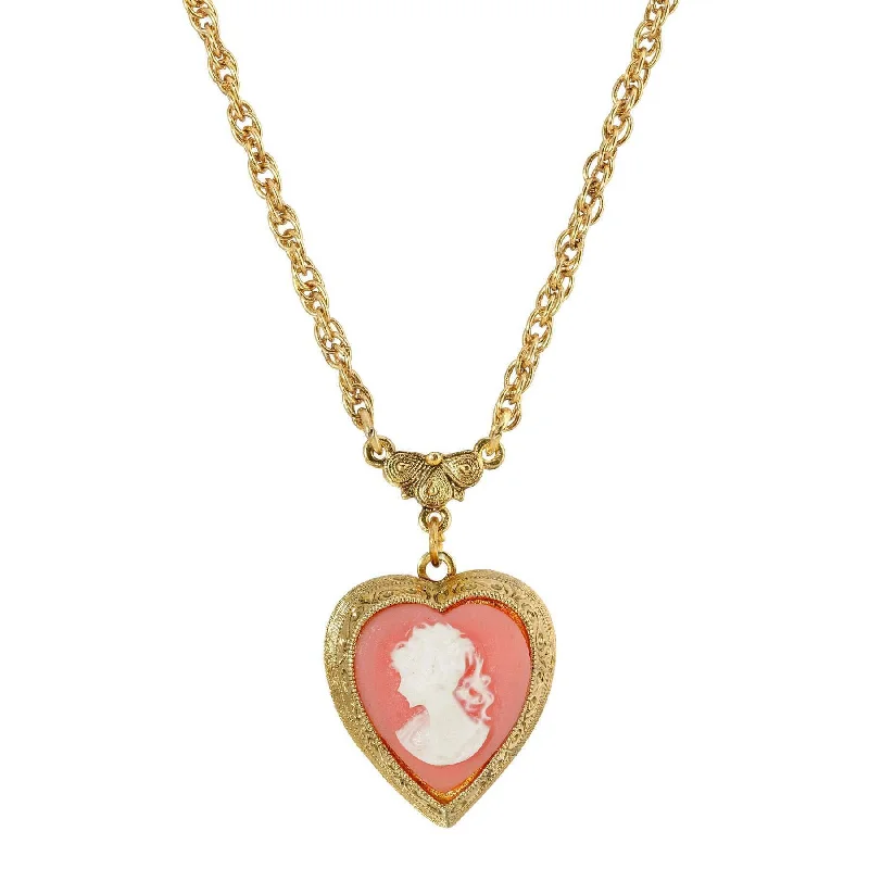 adjustable crystal necklace for gifts-1928 Jewelry Pink Heart Cameo Locket Necklace 16" + 3" Extender