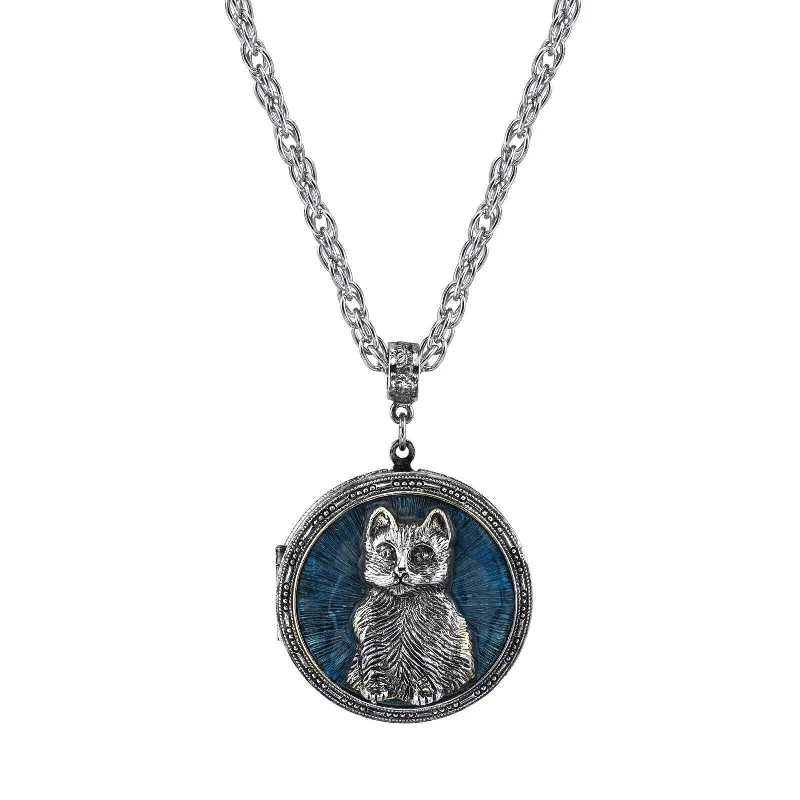 vintage silver pendant necklace-1928 Jewelry Blue Enamel Cat Locket Necklace 30"