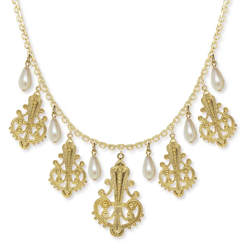 double chain necklace for women-1928 Jewelry Royal Filigree Ornamental Drop Faux Pearl Necklace 16" + 3" Extender