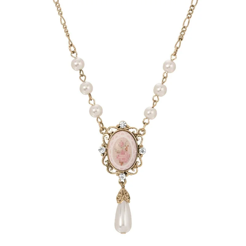 crystal necklace for weddings-1928 Jewelry Stitch Pattern Pink Porcelain Rose Faux Pearl Drop Necklace 16" + 3" Extender