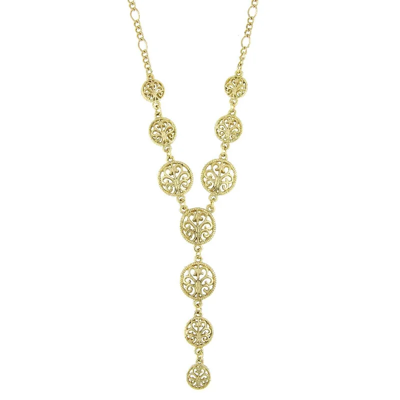 trendy crystal charm necklace for teens-2028 Jewelry Gold Multi Round Open Lattice Y-Necklace 16" + 3" Extender