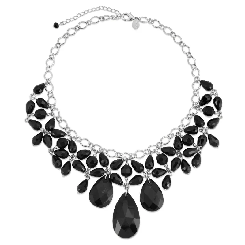 classic pearl necklace for weddings-2028 Jewelry Jet Black Briolette Teardrop & Round Beaded Statement Bib Necklace 16" + 3" Extender