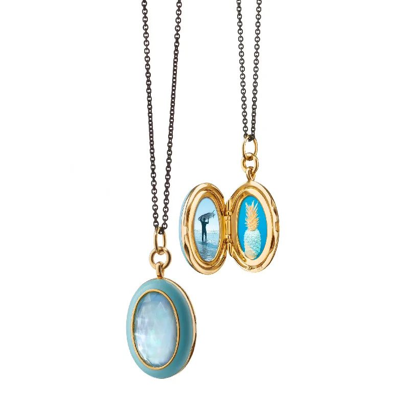 minimalist charm pendant necklace for women-Blue Enamel Vermeil Oval Locket with Blue Topaz