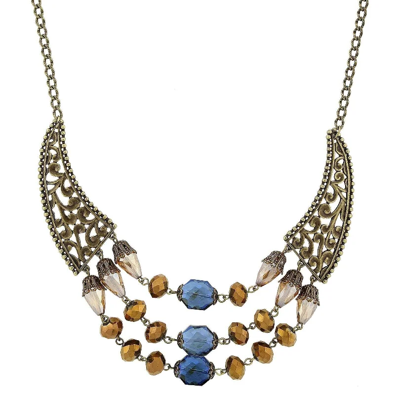 snake chain necklace for men-2028 Jewelry Burnished Brass Bronze Blue Light Topaz Bib Necklace 16" + 3" Extender