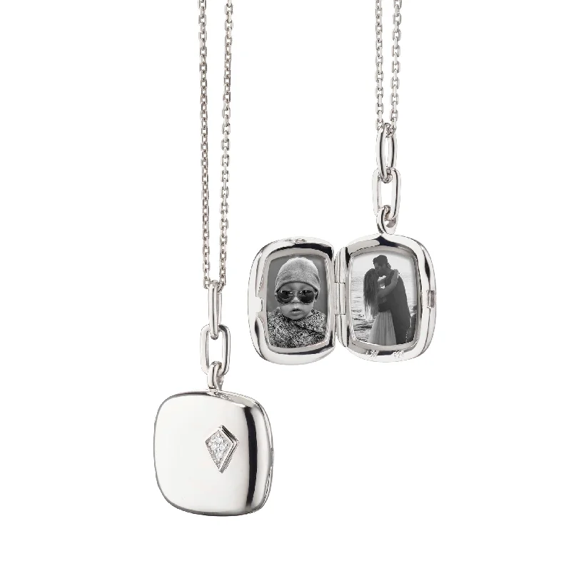 simple silver heart pendant necklace-Diamond Sterling Silver Cushion Locket Necklace