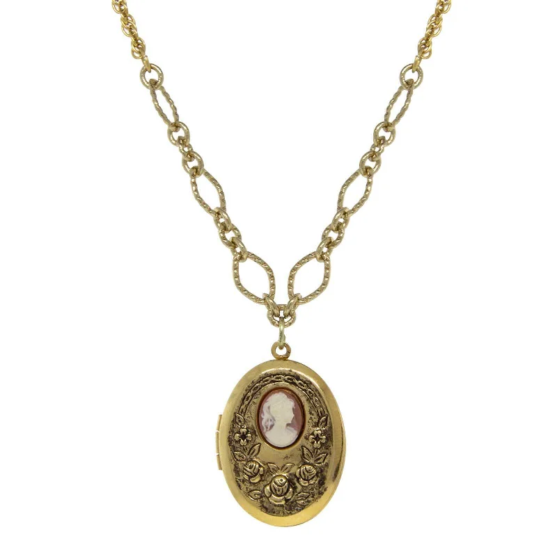 chunky bar pendant necklace-1928 Jewelry Carnelian Cameo With Flowers Oval Locket Necklace 16" + 3" Extender