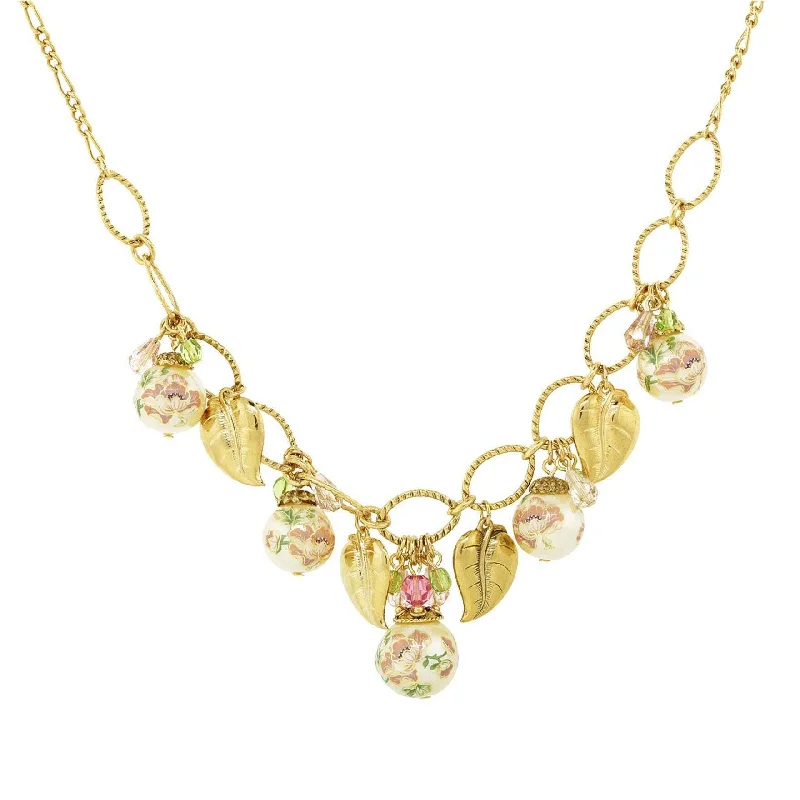 chunky chain necklace for fashion-1928 Jewelry Flower Decal Faux Pearl With Gold Leaf Necklace 16" + 3" Extender