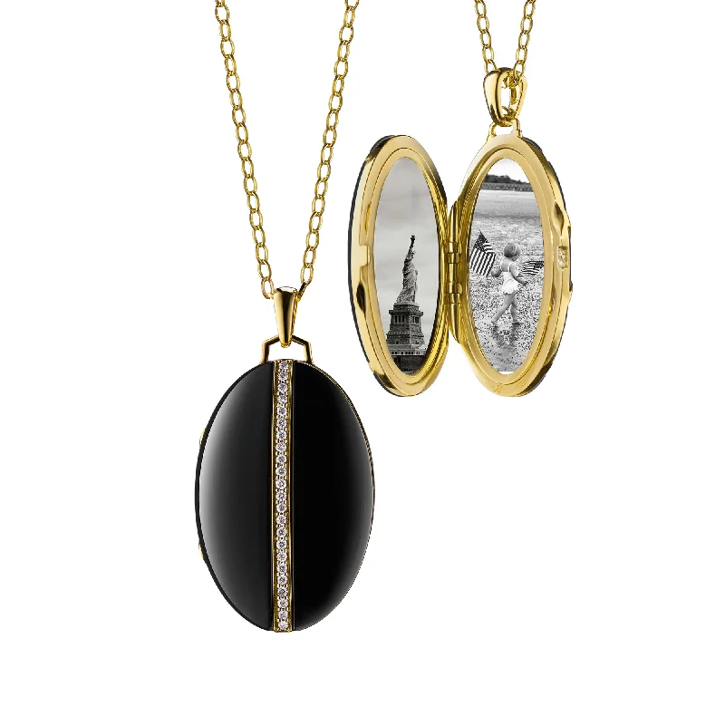 vintage pendant for evening wear-Oval Black Ceramic & Gold Locket Necklace