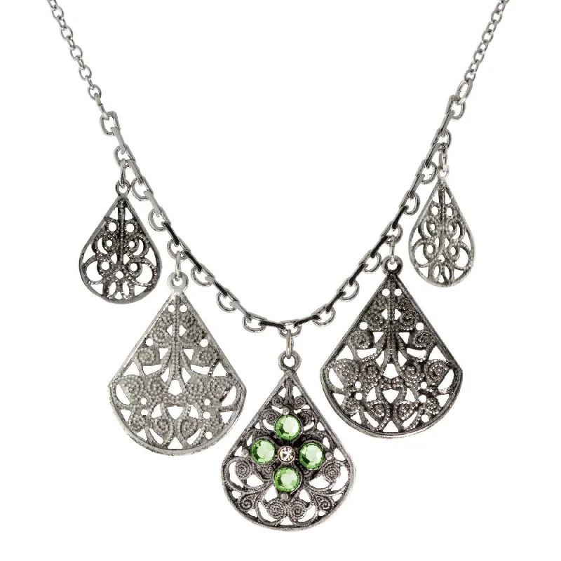 adjustable choker necklace-1928 Jewelry Pewter Round Crystal Flower Multi Teardrop Necklace 16" + 3" Extender