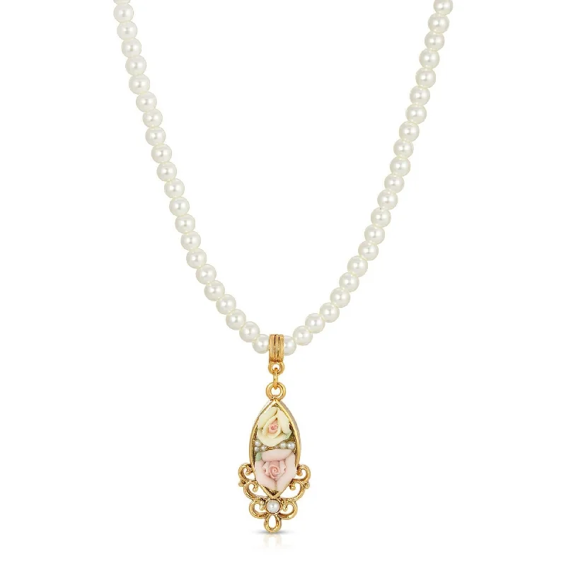 luxurious crystal necklace with gold charm-1928 Jewelry Pink and Yellow Porcelain Rose 4mm Faux Pearl Strand Drop Necklace 15" + 3" Extender