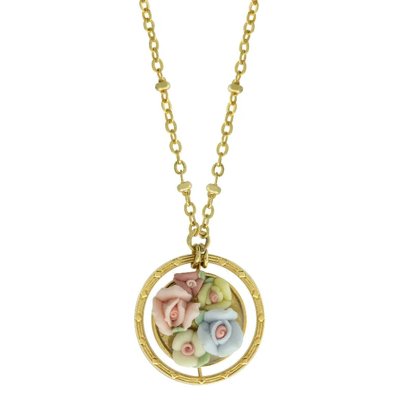 long pendant necklace-1928 Jewelry Multicolor Porcelain Flower Round Drop Necklace 16" + 3" Extender