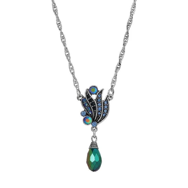 geometric pendant for unique style-Regency Giovane Iridescent AB Crystal & Blue Stone Drop Necklace 16" + 3" Extender